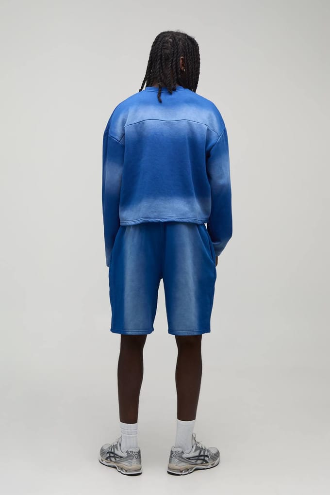 Gekrompen Paneel Wash Sweatshirt Kort Trainingspak | Blue | Size Medium