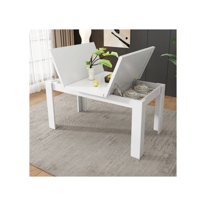 Table de salle à manger - MUVOE - Multifonctionnelle - 120×70 cm - Rangement caché - Blanc blanc