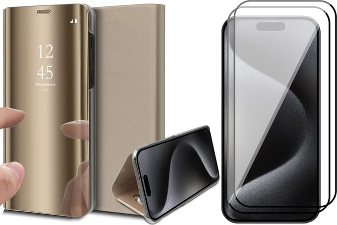 Hoesje geschikt voor iPhone 15 Pro Max - 2x Screen Protector FullGuard - Book Case Spiegel Goud & Screenprotector