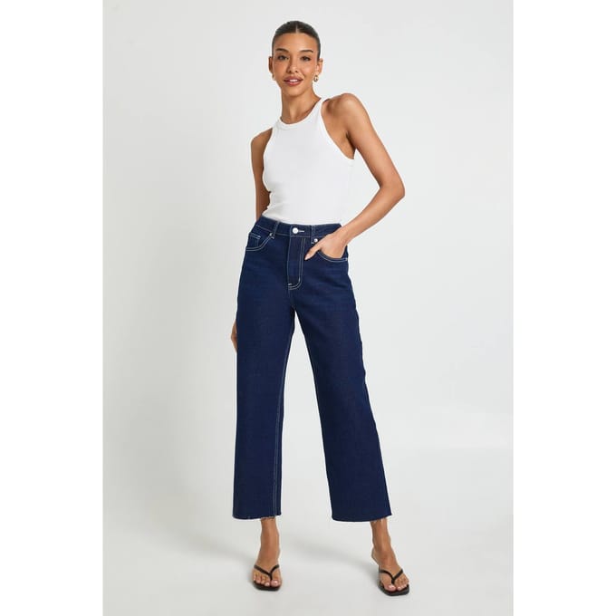 boohoo Dames De Hoge Taille Gecroppte Rechte Pijp Jeans | Indigo | Maat: 34