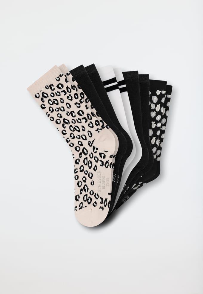Schiesser Damessokken 5 Pack - Bluebird Dames Sokken - zwart, luipaardmotief