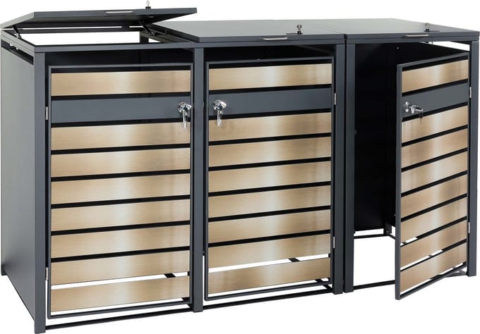 3 afvalemmerbehuizing MCW-J81, uitschuifbare afvalemmerbox, metaal 82kg, antraciet ~ goud