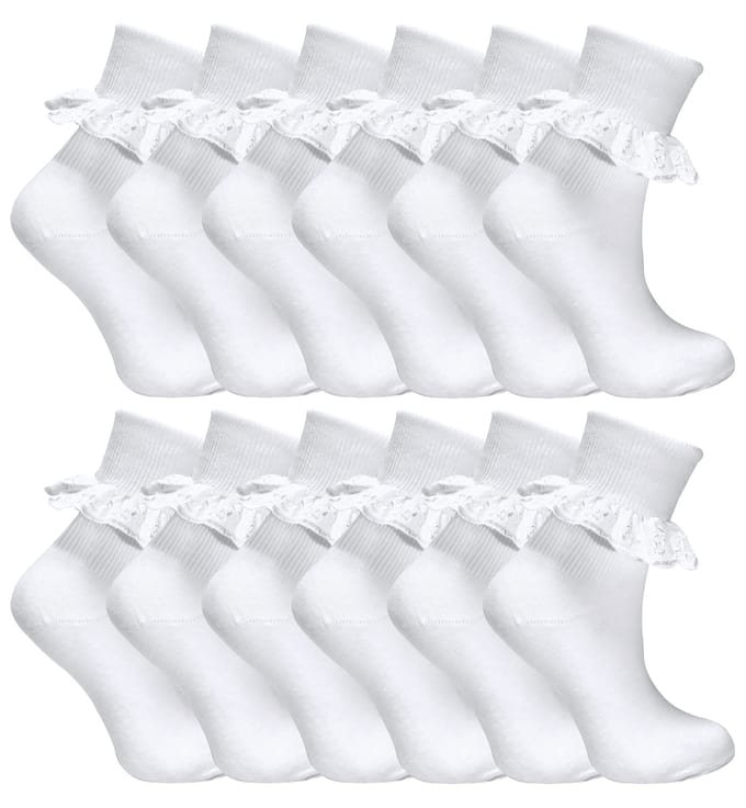 12 Paar Witte Frilly Lace Sokken 7 Maten Sok Snob - Wit