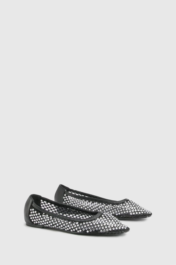 boohoo Dames Diamante Mesh Ballerina's | Black | Maat: 6