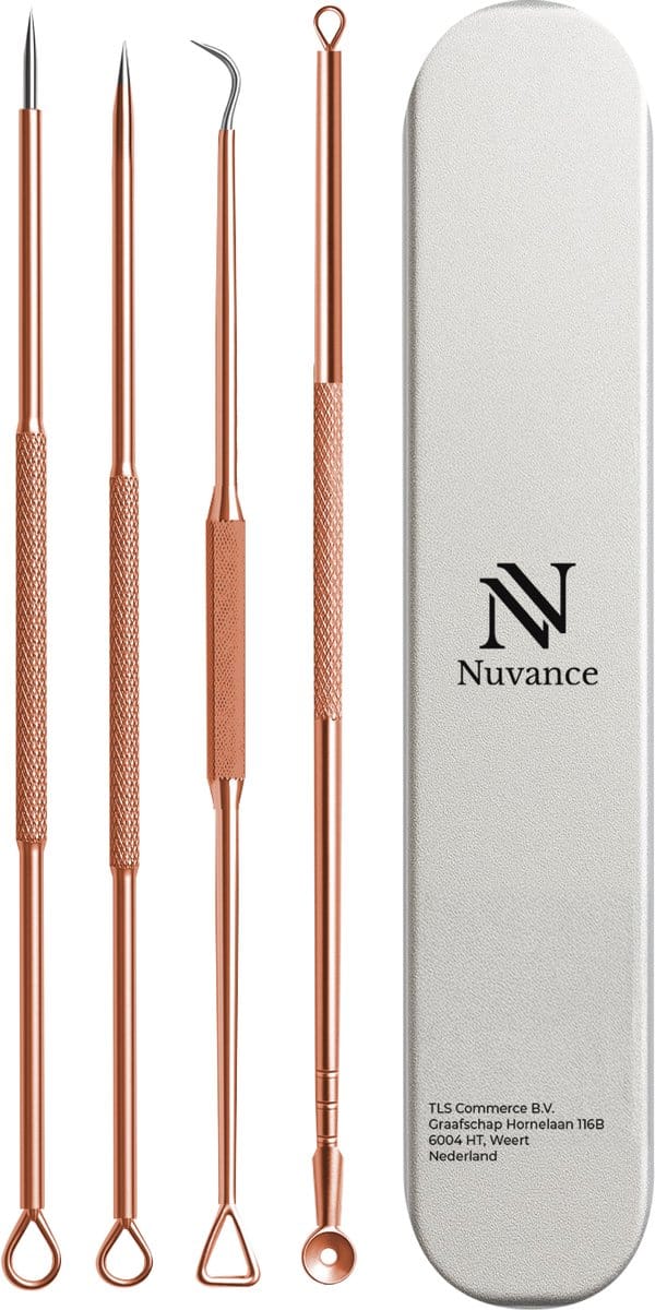 Nuvance Mee Eters Verwijderen - Blackhead remover - Set van 4 - Mee Eter Verwijderaar - Comedonenlepel - Rose Goud
