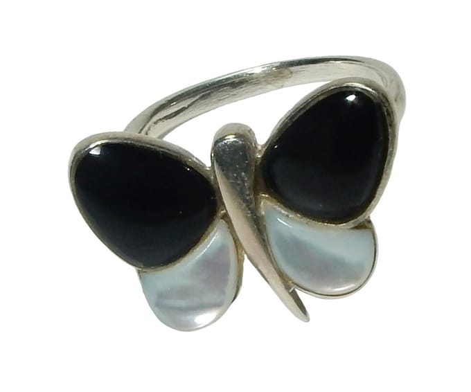 Zilveren Vlinder Ring Onyx/Maansteen Mt.18.5