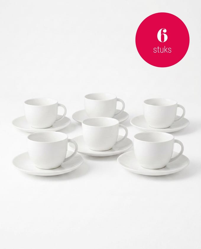 vtwonen - Basic - Set van 6 - Kopjes en schotels - Wit - Porselein