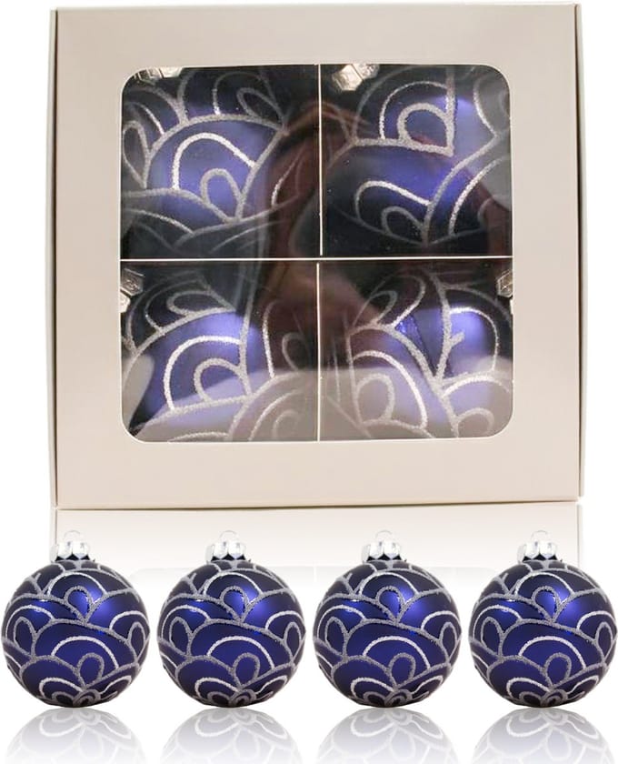 Kerstballen Glas | 4 Stuks | Glas | Donkerblauw | Zilver | Ø 75 mm