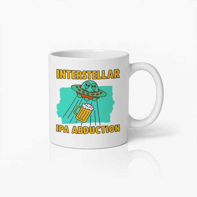 Witte Mok 330ml – “Interstellar IPA Abduction” Grappige Alien & Bier UFO Cartoon Koffiebeker