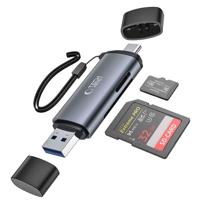 Tech-Protect UltraBoost SD / micro SD card reader with USB-C / USB-A connectors - grey USB hub - 4 - USB 3.0 - Grijs