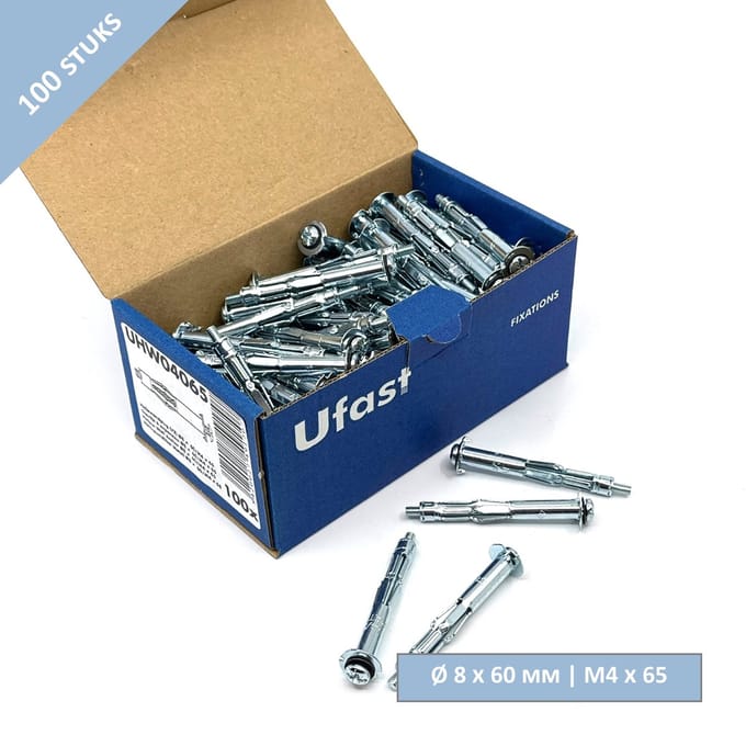 UFAST hollewandplug Ø8 x 60 mm + schroef M4 x 65 mm - Verzinkt - 100 stuks