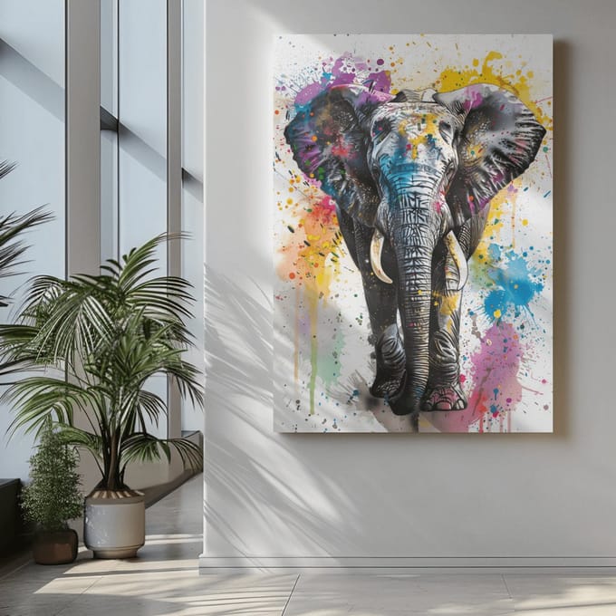 Canvas Schilderij - Olifant en Kleuren - 90x60x2 cm