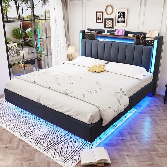 MODFU Bedframe 140x200 cm – Zwevend ontwerp met LED & USB – Hoofdbord met opbergruimte – Grijs linnen