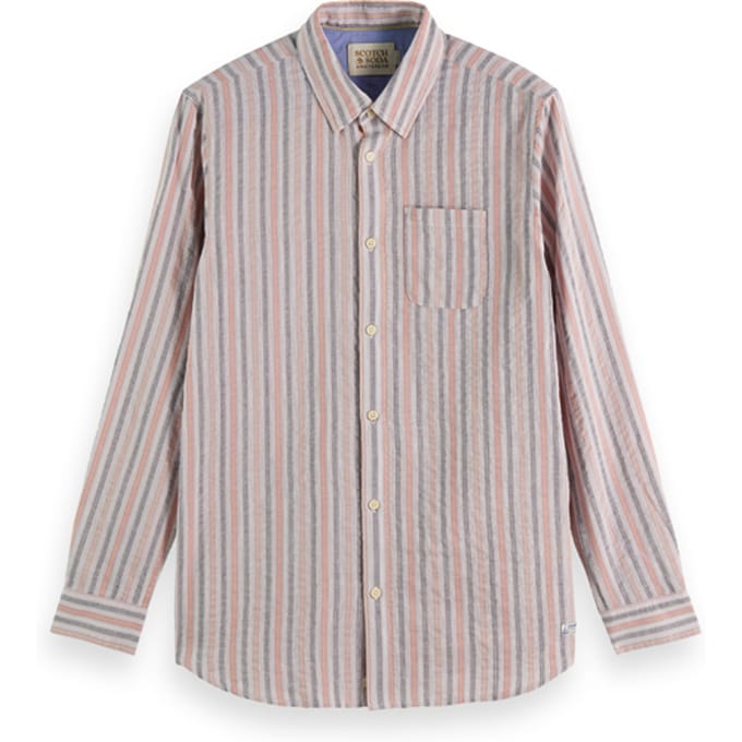 Scotch & Soda Lightweight Dobby Stripe Shirt Pink Grey Stripe Maat: M | Casual Overhemden Outlet | Heren | Roze