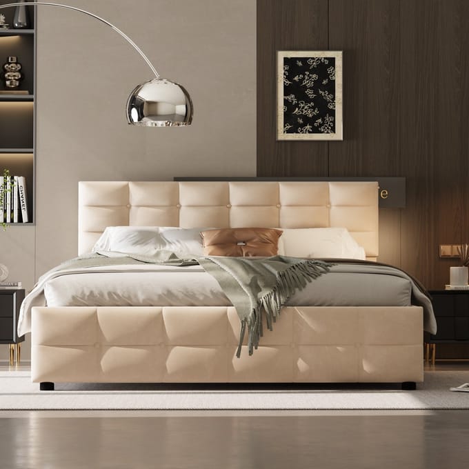 Gestoffeerd bed 180x200cm - lattenbodem - eenpersoonsbed - beige - zonder matras
