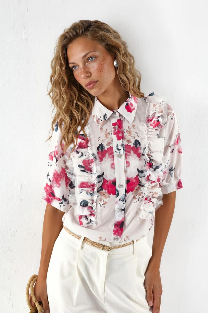 Bloemen Poplin Blouse met Kragen