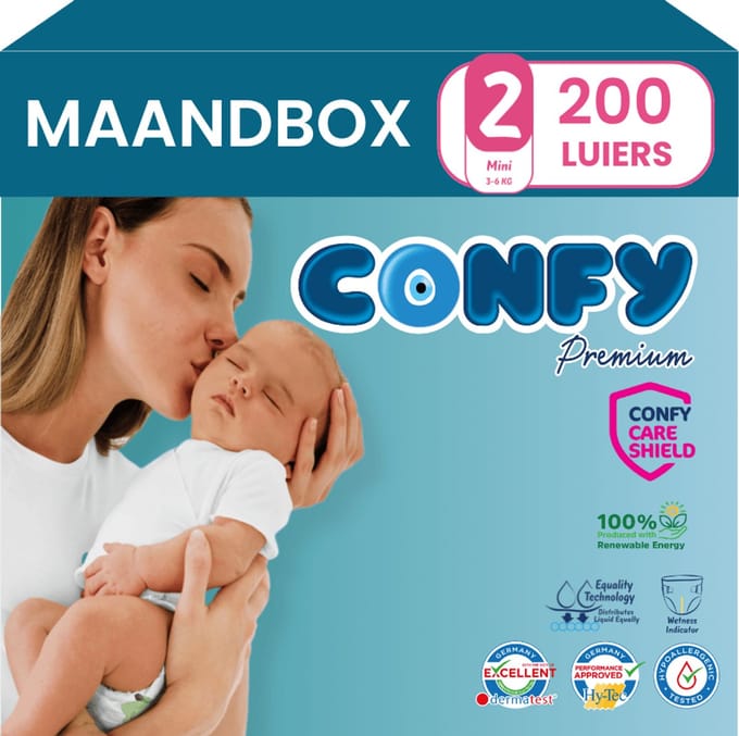 Confy Premium - Luiers Maat 2 (3-6kg) - 200 Luiers - Maandbox