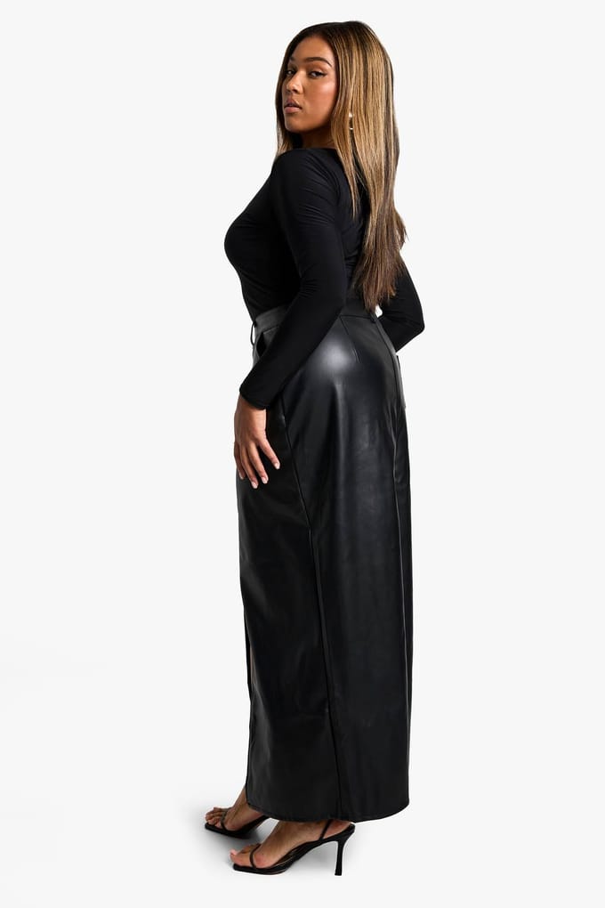 boohoo Dames Plus PU Gespleten Voorkant Maxi Rok | Zwart | Maat: 54