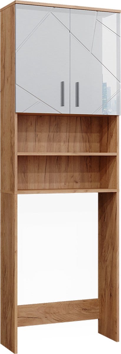 Vicco Irma Wasmachinekast – 64 x 190.5 cm Wit hoogglans/goud power eiken