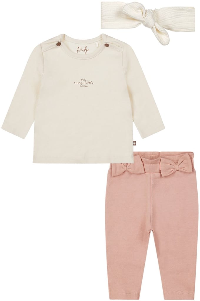 Dirkje - Basic Collection - BIO COTTON - Broek met 2 strikjes light pink- Shirt offwhite -Haarbandje Offwhite -Maat 68