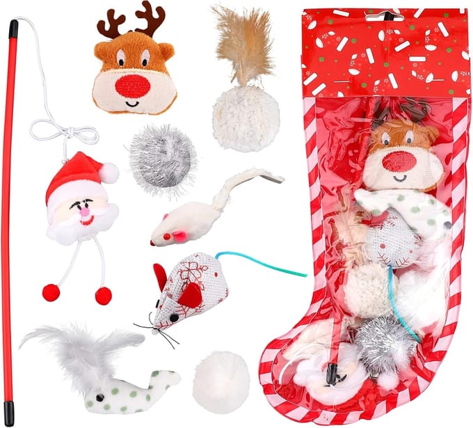 Katten Speelgoed Set - Kitten Speeltjes - Interactief Spelen - 10 Delige Kerst Set - 10 Stuks - Wit Rood