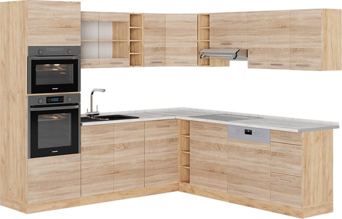 Vicco Hoekkeuken R-Line, Sonoma/Goudkleurig Eiken, 247 x 237 cm, WB Marmer