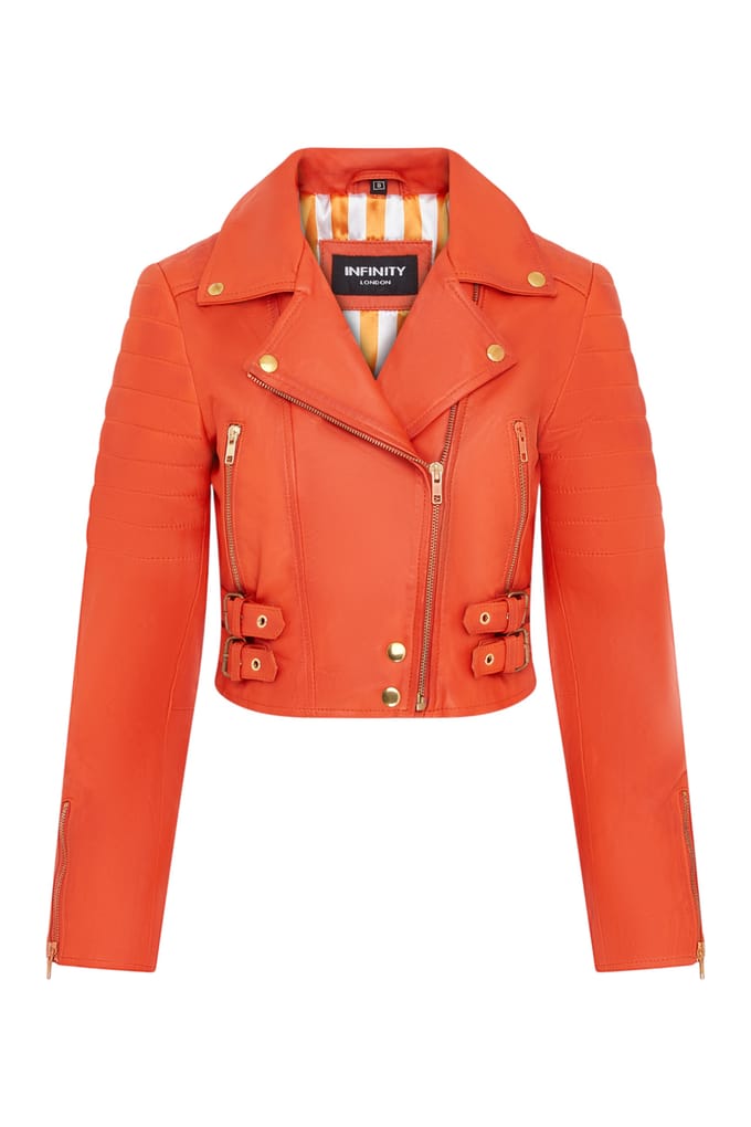 Dames oranje cropped Brando leren bikerjack - Durban