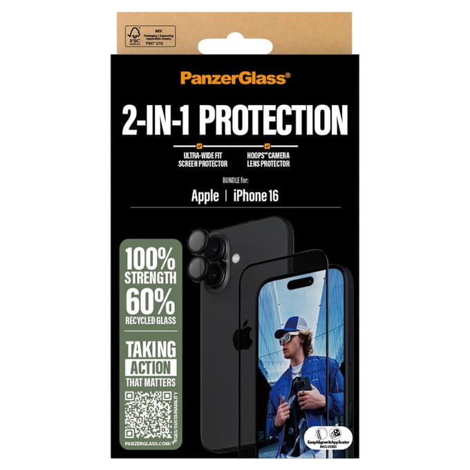 PanzerGlass 2 in 1 pack - Ultra-Wide Fit Anti-Bacterial Screenprotector incl. applicator + Camera Protector geschikt voor Apple iPhone 16