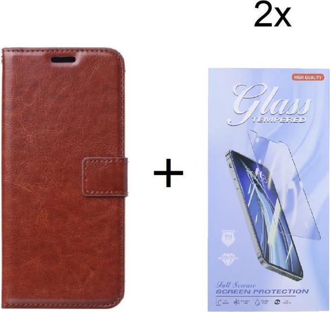 Bookcase Geschikt voor: OnePlus 9 - Bruin - portemonnee hoesje met 2 stuk Glas Screen protector