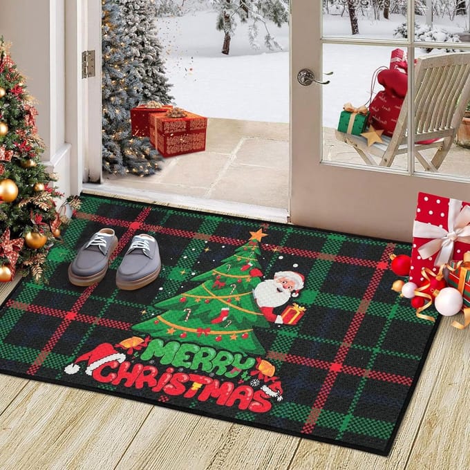 Famanu – Kerst deurmat antislip wasbaar 40 x 80 cm groen geruit