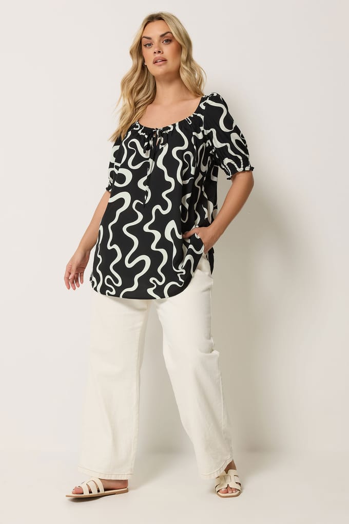 Yours Zwarte Blouse Met Abstracte Print En Strik Aan De Voorkant Size 46