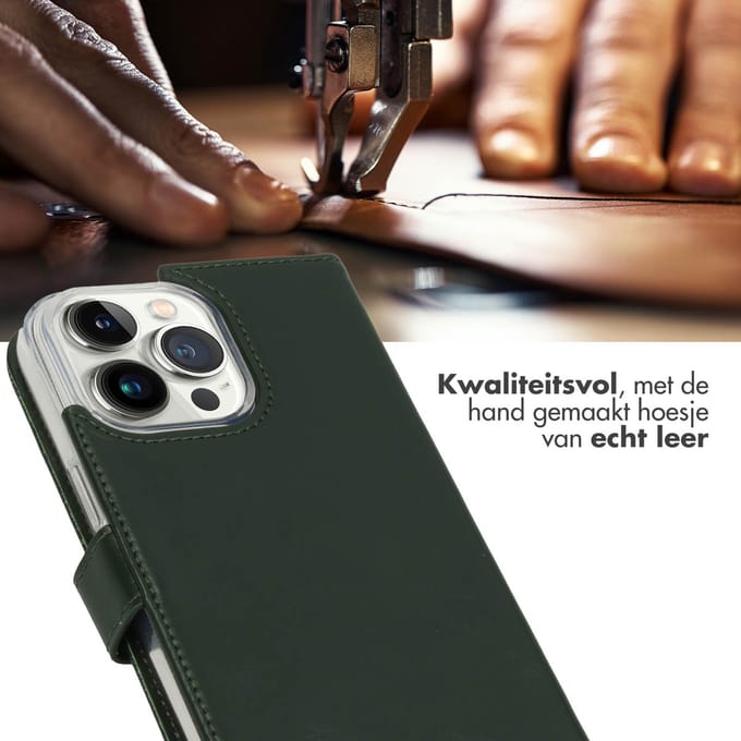 Selencia Hoesje - Geschikt voor Apple iPhone 14 Pro Max - Echt Lederen Bookcase - Groen