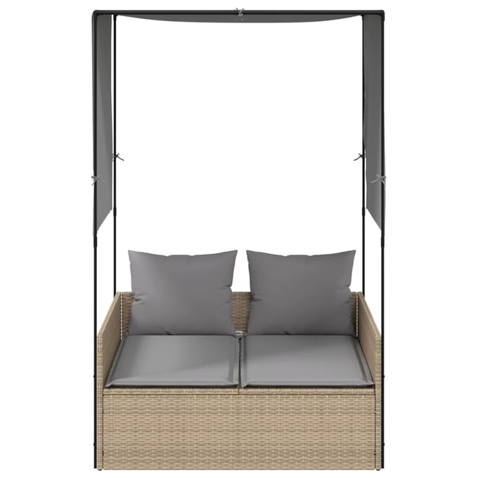 vidaXL - Ligbed - tweepersoons - met - dak - en - gordijn - poly - rattan - beige