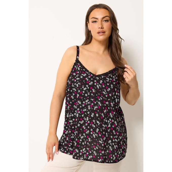 Yours Zwarte Camitop Met Bloemenrand Size 50-52