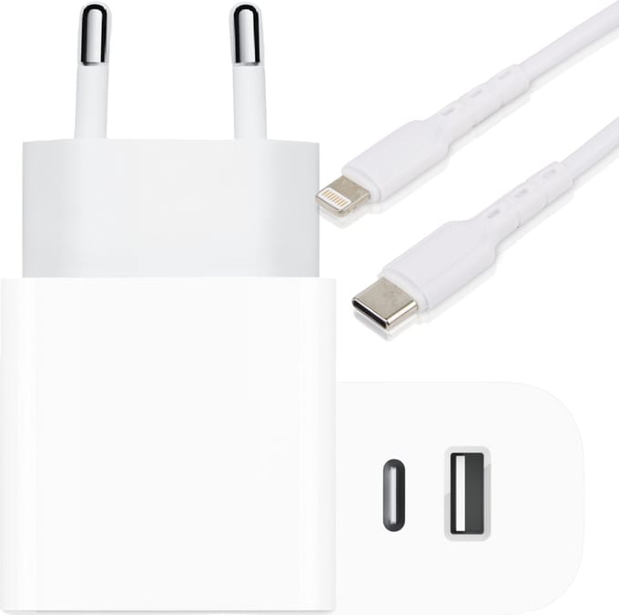 Dubbele usb Lader geschikt voor iPhone, iPad, AirPods - Lightning naar usb-C kabel - 2 Meter - 2 Poorten - Wit