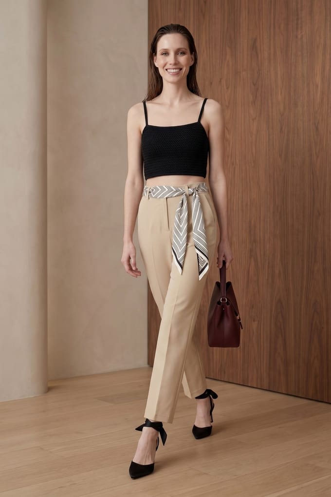 Hoge Taille Rechtoe-Rechtaan Crepe Broek met Ceintuur