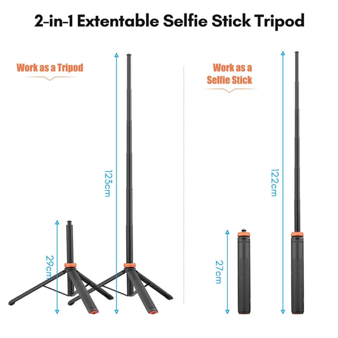 UURIG TP 03 Sportcamera Selfie Stick Statief Max. Lengte 122cm met 1/4 Inch Schroef voor Smartphone Actiecamera zwart