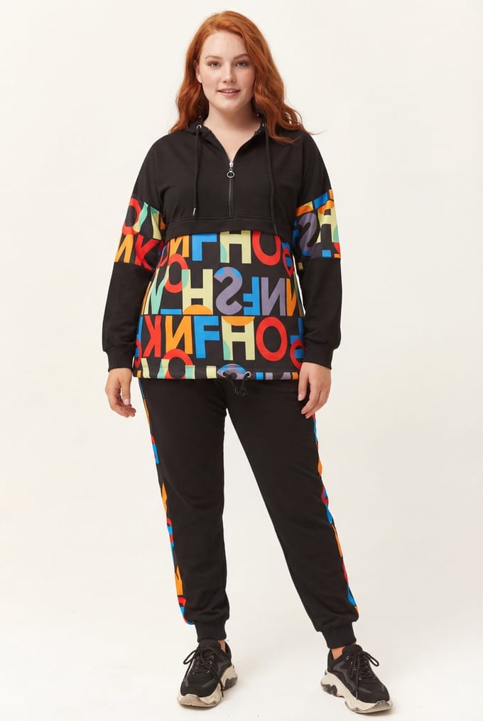 Dames Grote Maat Trainingspak met Gekleurde Letterprint 2XL - Plus Size Tracksuit XXL Huispak
