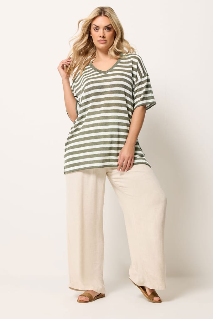 Yours Kakigroen En Ivoorwit Gebreid Tshirt Met Strepen Size 48
