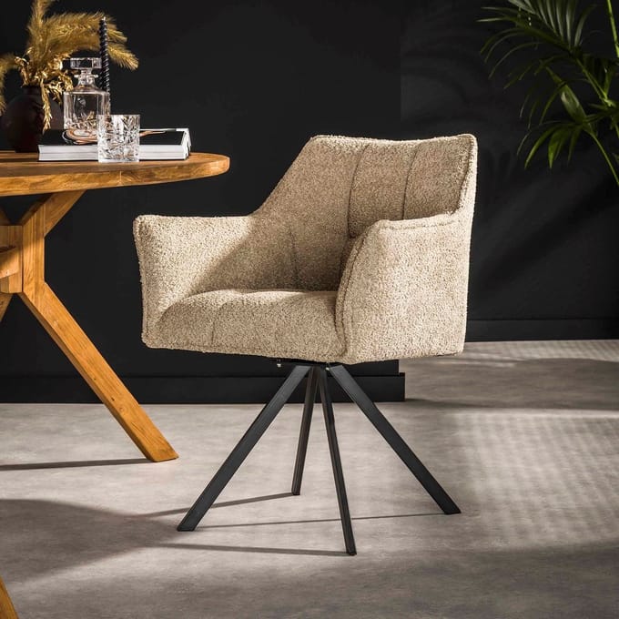 Dimehouse Set van 2 Eetkamerstoelen Lino Bouclé Zand draaibaar Raster - Stof - Scandinavisch & Basic