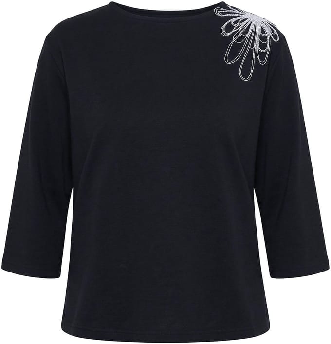 Ulla Popken - Dames - Sweatshirt borduursel boothals 3/4-mouwen - Zwart - Maat 58+