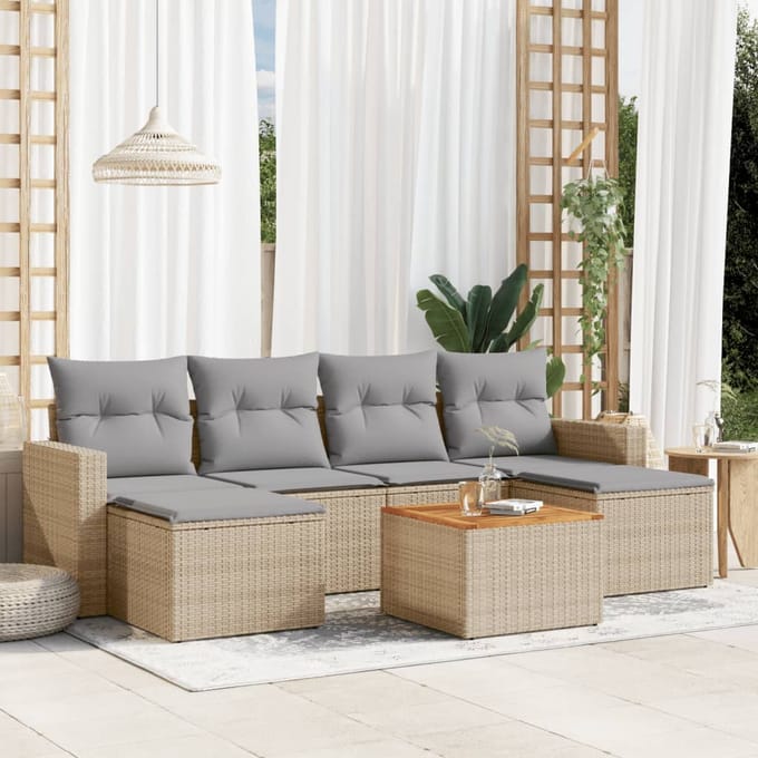 vidaXL - 7-delige - Loungeset - met - kussens - poly - rattan - beige