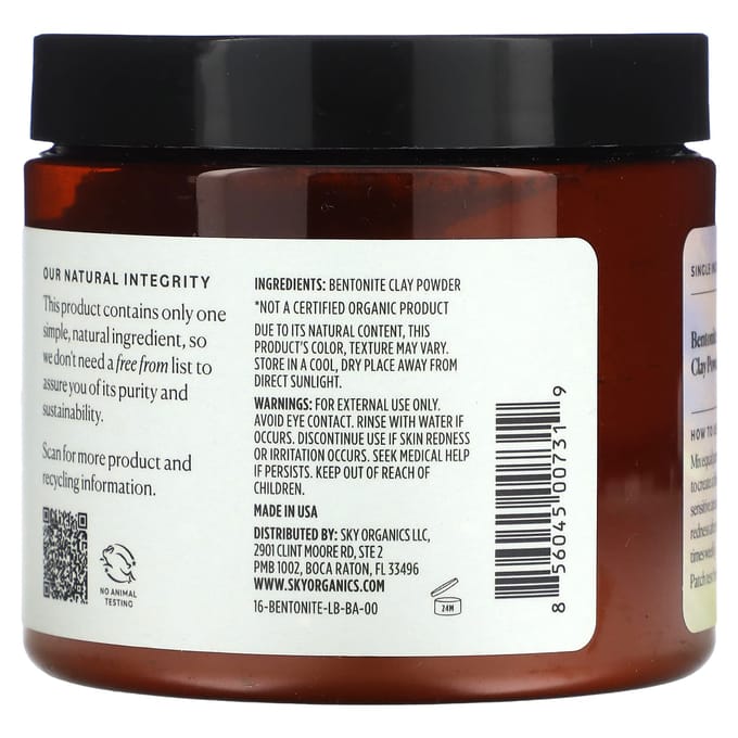 Sky Organics, 100% Pure Bentonite Clay, 16 oz (454 g) white