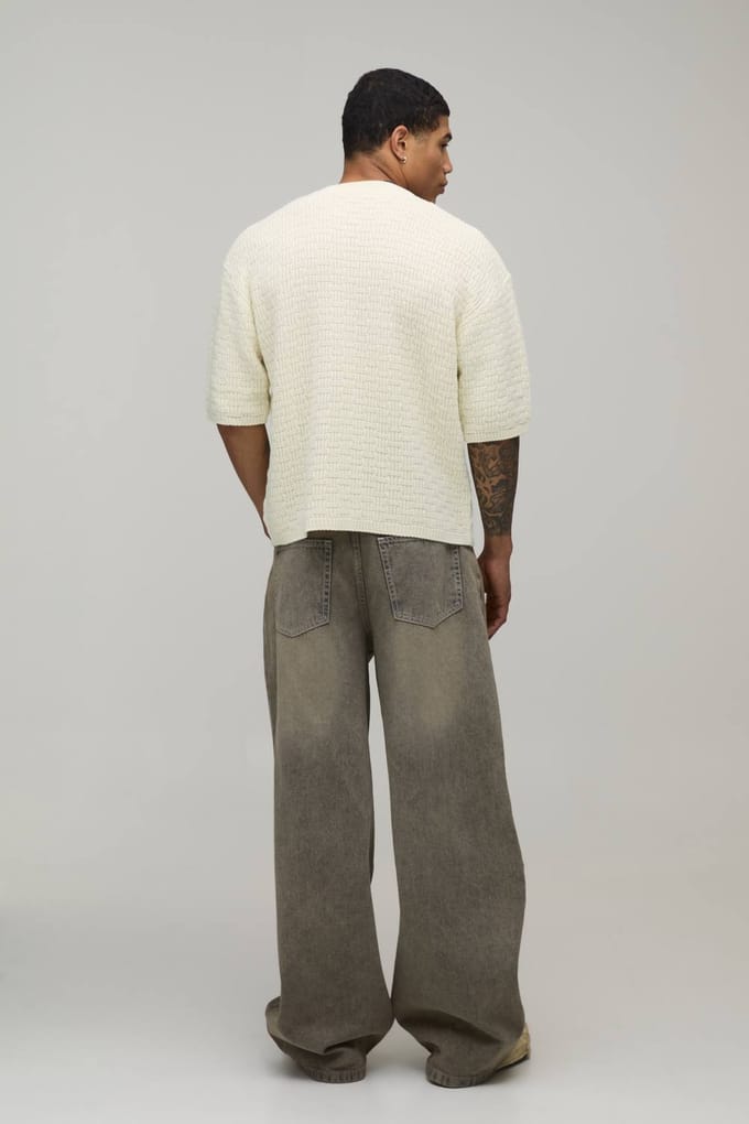 Boxy Fit Textured Stitch Knitted T-Shirt | Ecru | Size Large