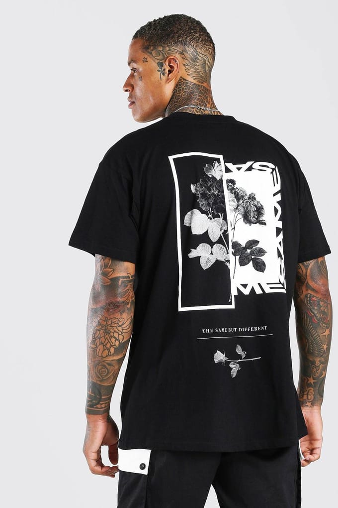 Oversized Floral Photo Back Print T-Shirt | Black | Size Medium