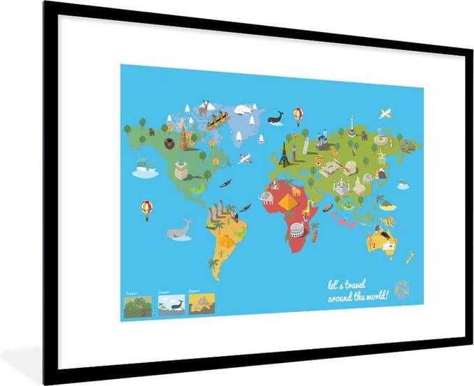 Wereldkaart Kinderen - Modern - Symbolen - Schoolplaat - Kinderkamer - 90x60 cm
