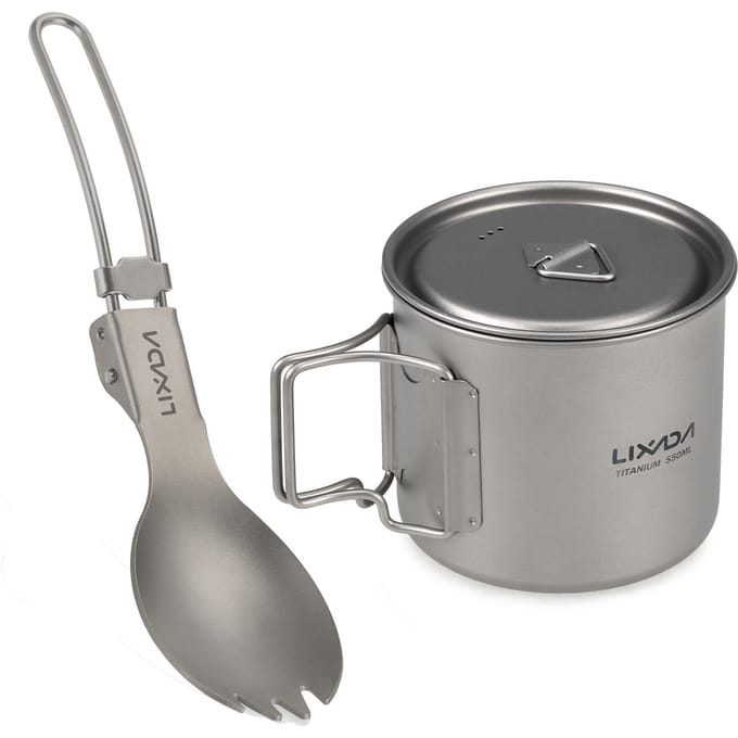 Lixada kookgereiset ultralichte titanium beker met opvouwbaar diner 550ml gray