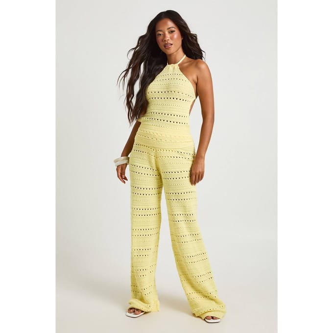 boohoo Dames Gehaakte Haltertop En Wijde Broek Coordinerende Set | Boter | Maat: Medium
