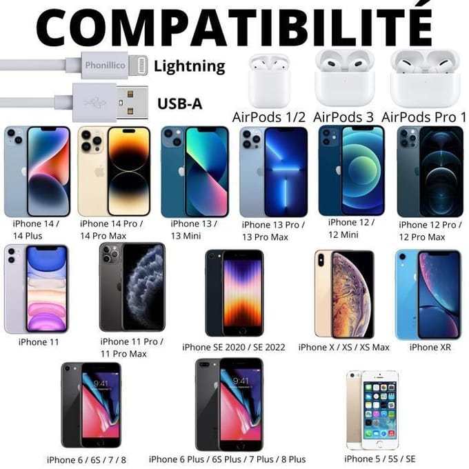 Cable 20cm USB Lightning Chargeur Blanc pour iPhone 14 / 13 / 12 / 11 / SE / X / XR / 7 / 8 / 6 / 5 / AirPods Phonillico