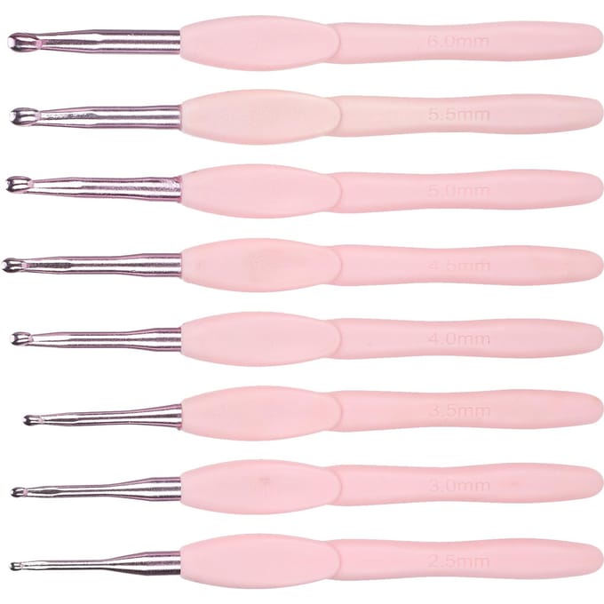8Pcs Ergonomic Crochet Set Knitting Tools Sweater Needle Soft Pink Handle Aluminum TPR white